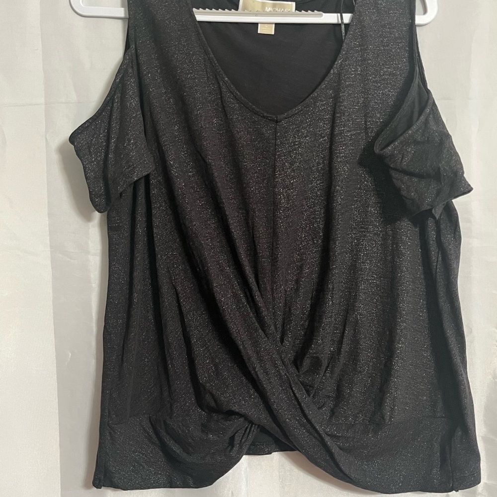 Michael Kors Shimmering Black Cold Shoulder Blouse Sz LG Pre Owned